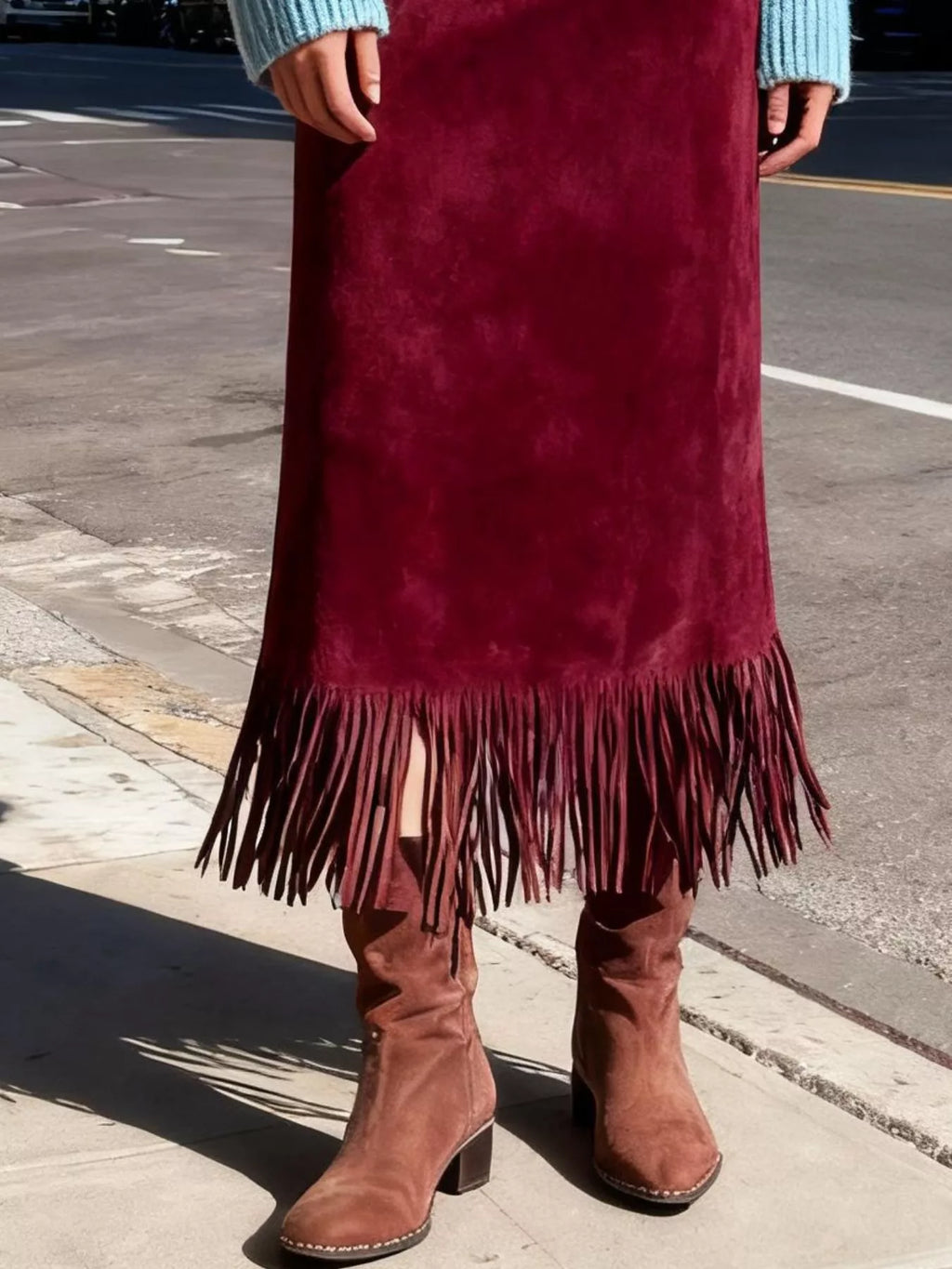 High-Waisted Suede Fringe Midi Skirt