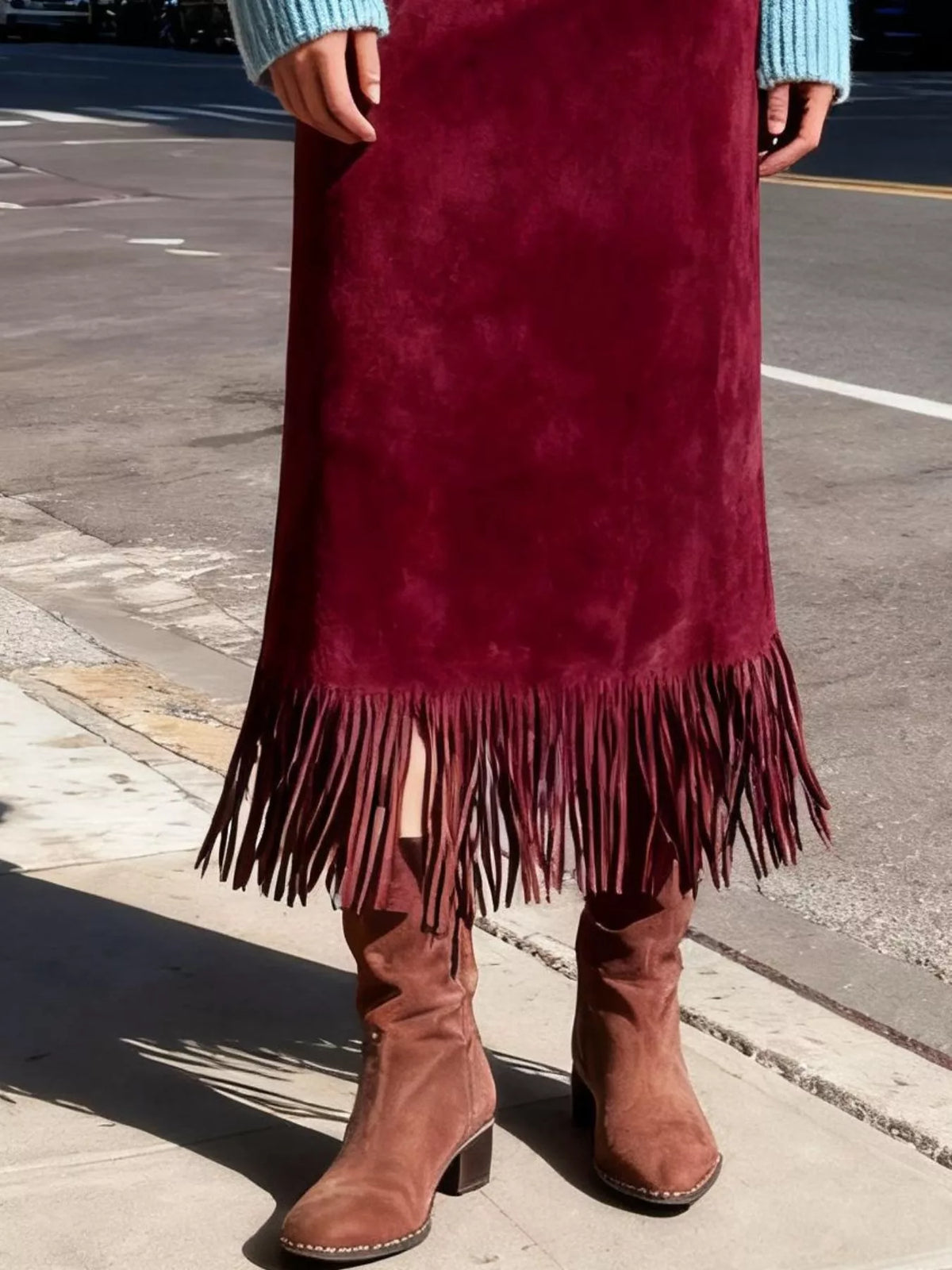 High-Waisted Suede Fringe Midi Skirt