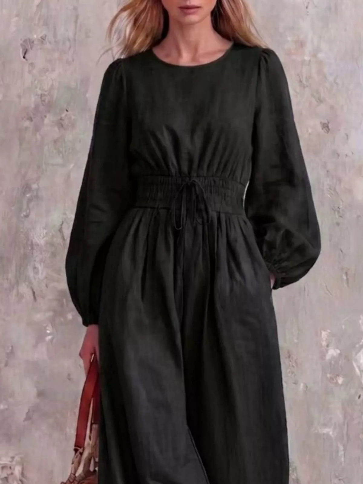 Smocked Waist Long-Sleeve Jumpsuit