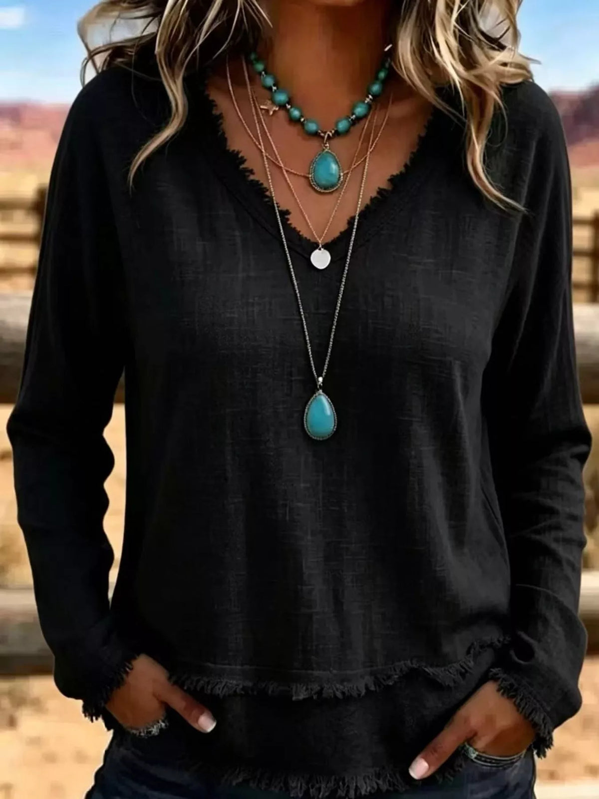 Full Size Frayed Hem V-Neck Long Sleeve Blouse Plus Size