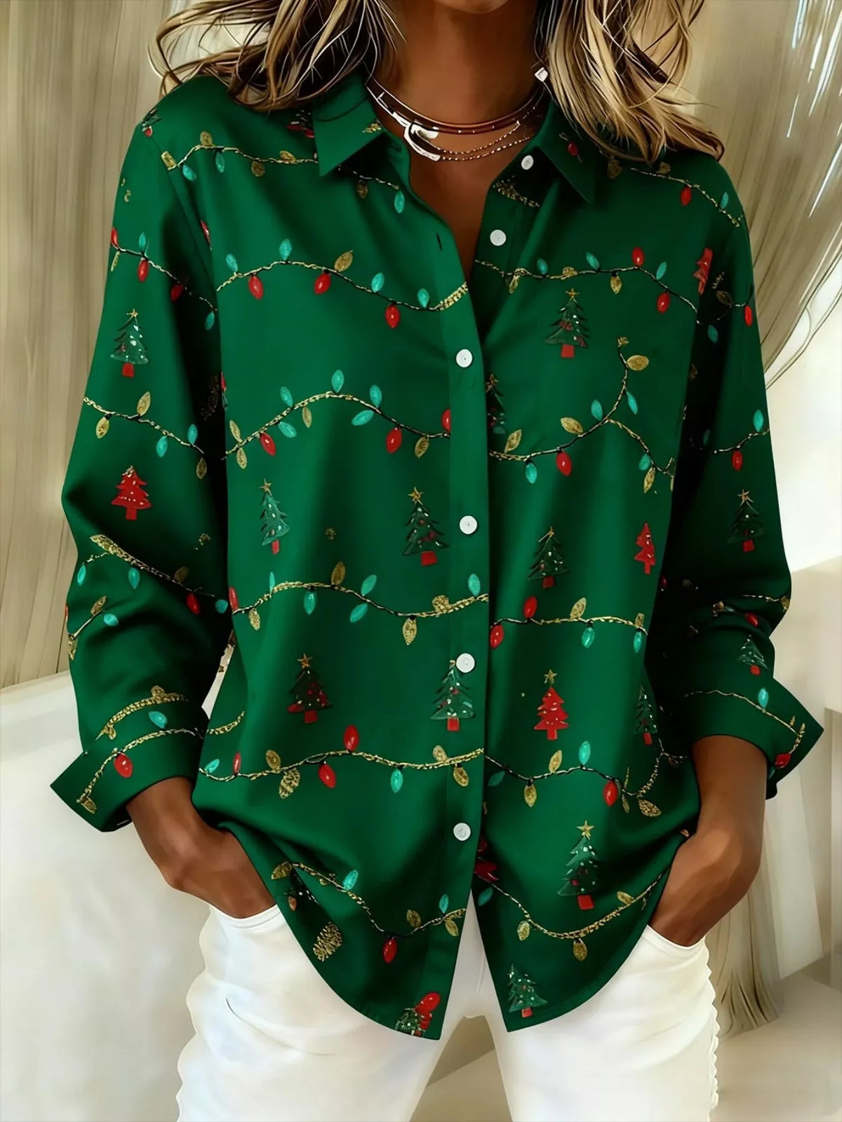 Full Size Christmas Tree Print Long Sleeve Button-Down Shirt Plus Size