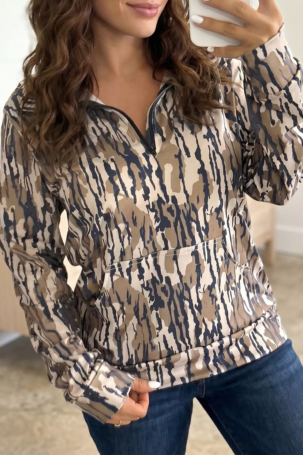 Camouflage Zipper Collar Front Pocket Sweatshirt