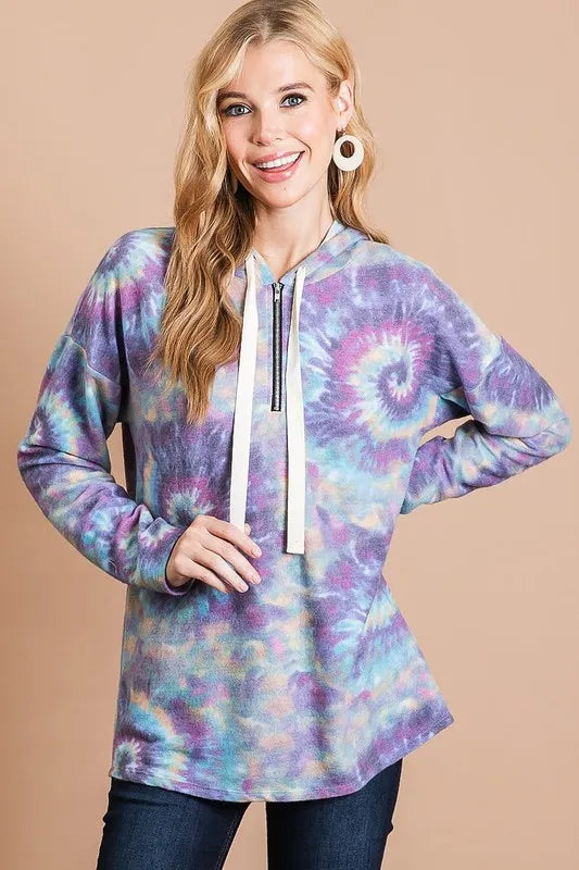 Brushed Tie-Dye Terry Quarter-Zip Hoodie with Drawstring
