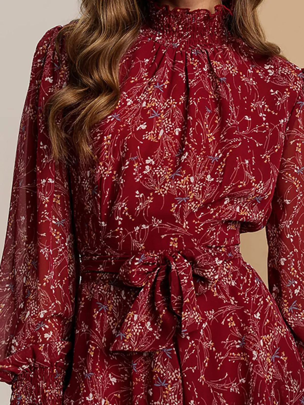 Plus Size Floral Print Mock Neck Long Sleeve Ruffle Hem Mini Dress
