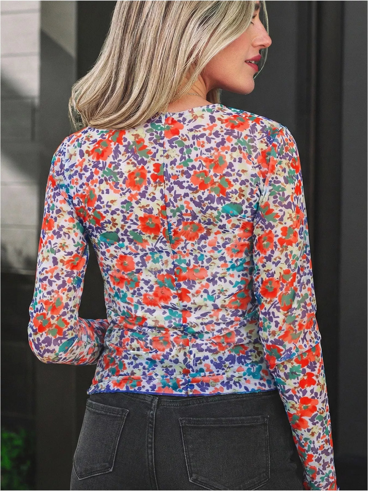 Floral Print Sheer Mesh Long Sleeve Mock Neck Top