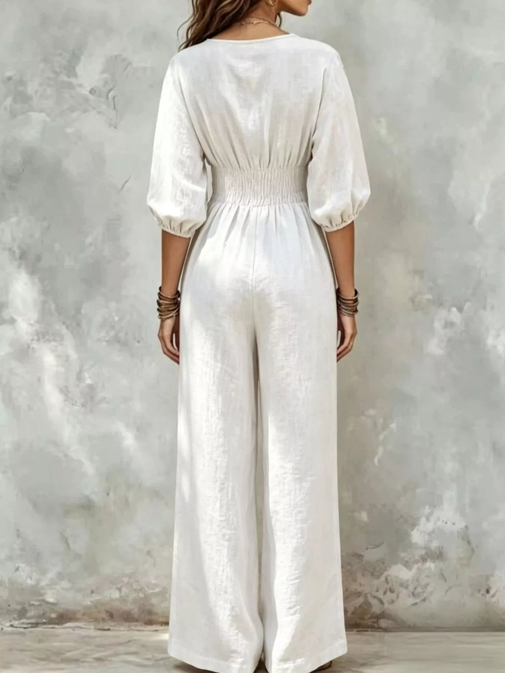 V-Neck Smocked Waist Wide-Leg Jumpsuit