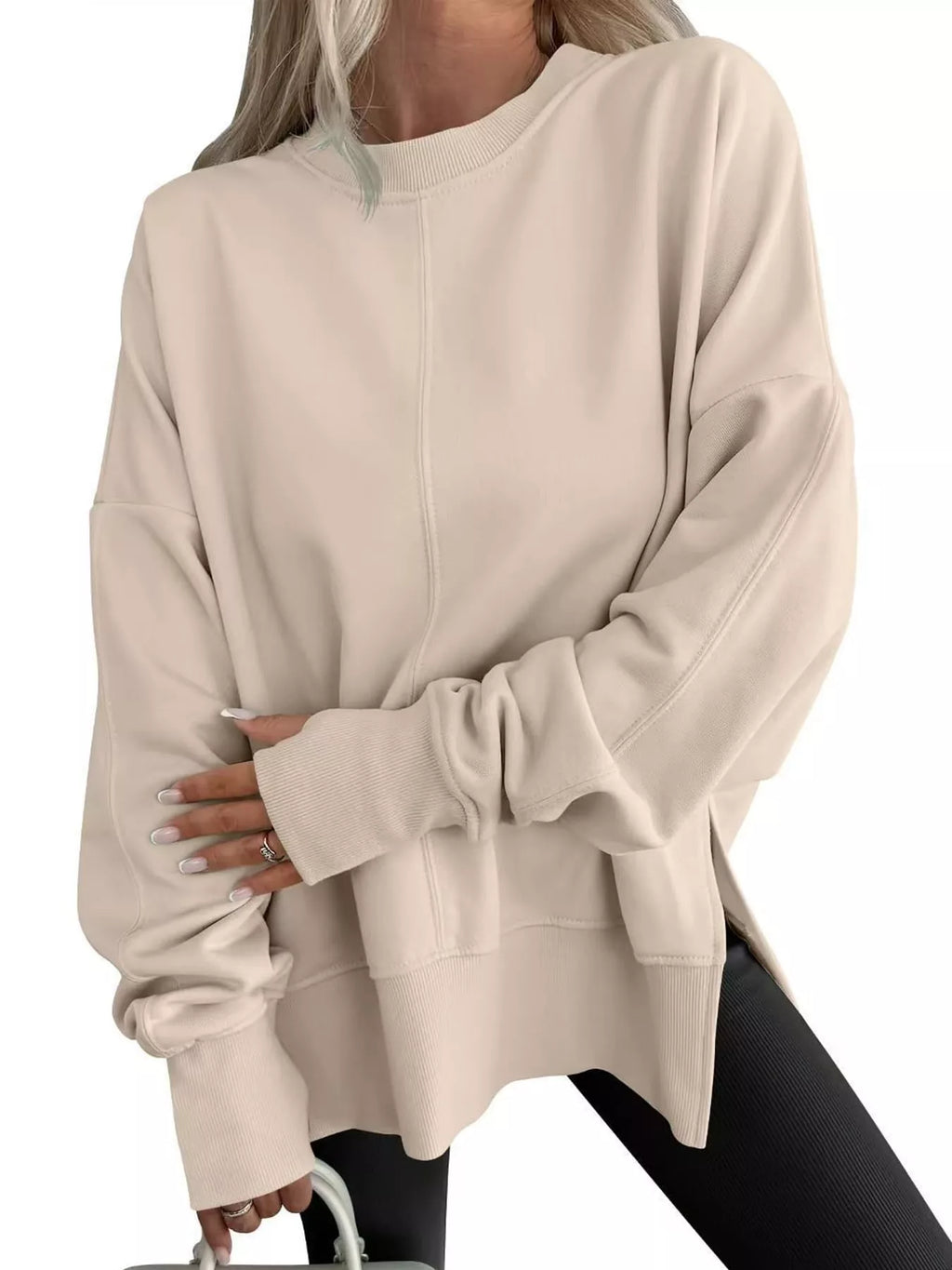Oversized Crew Neck Sweatshirt with Side Slit
