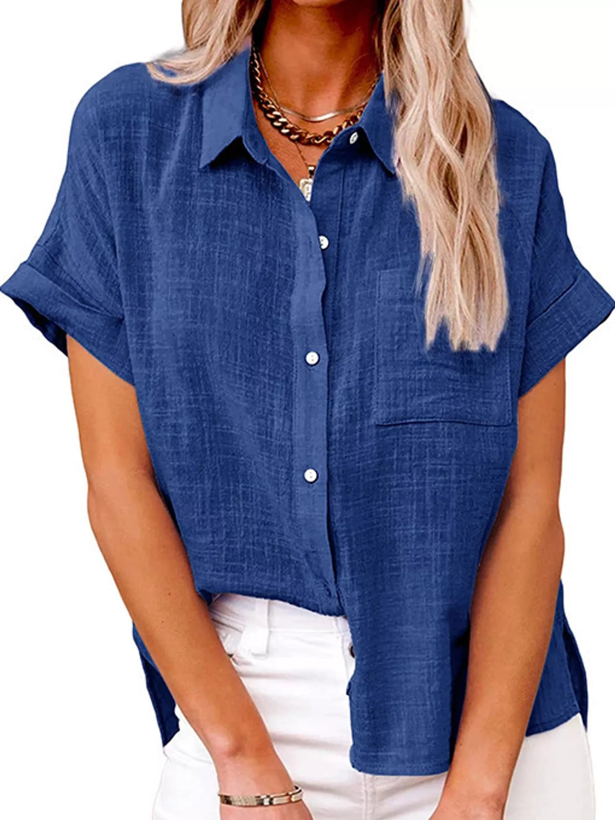 Full Size Button Up Short Sleeve Shirt Plus Size