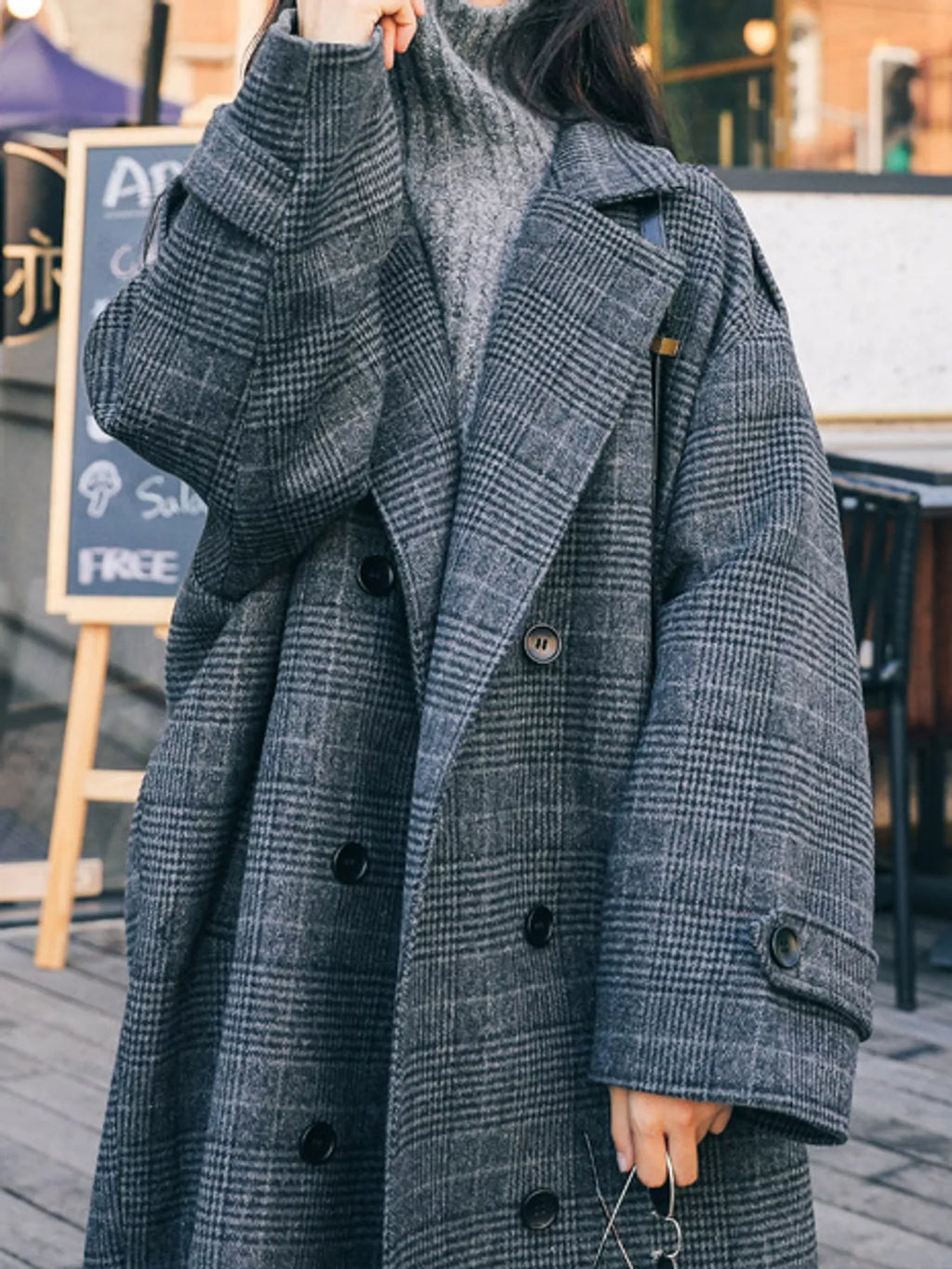 Plaid Double-Breasted Longline Overcoat