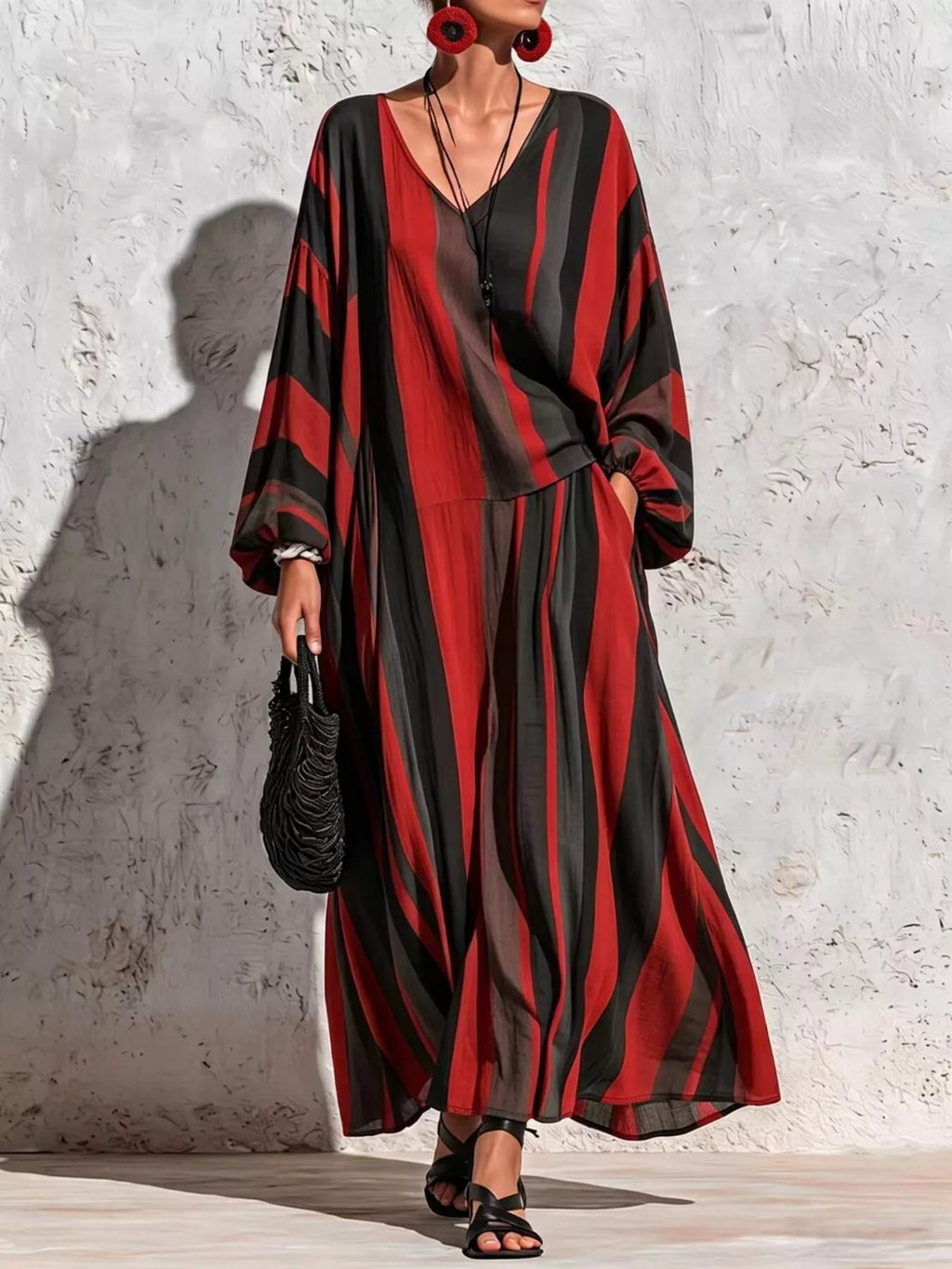 Bohemian Striped V-Neck Loose Top and Wide Leg Pants Set