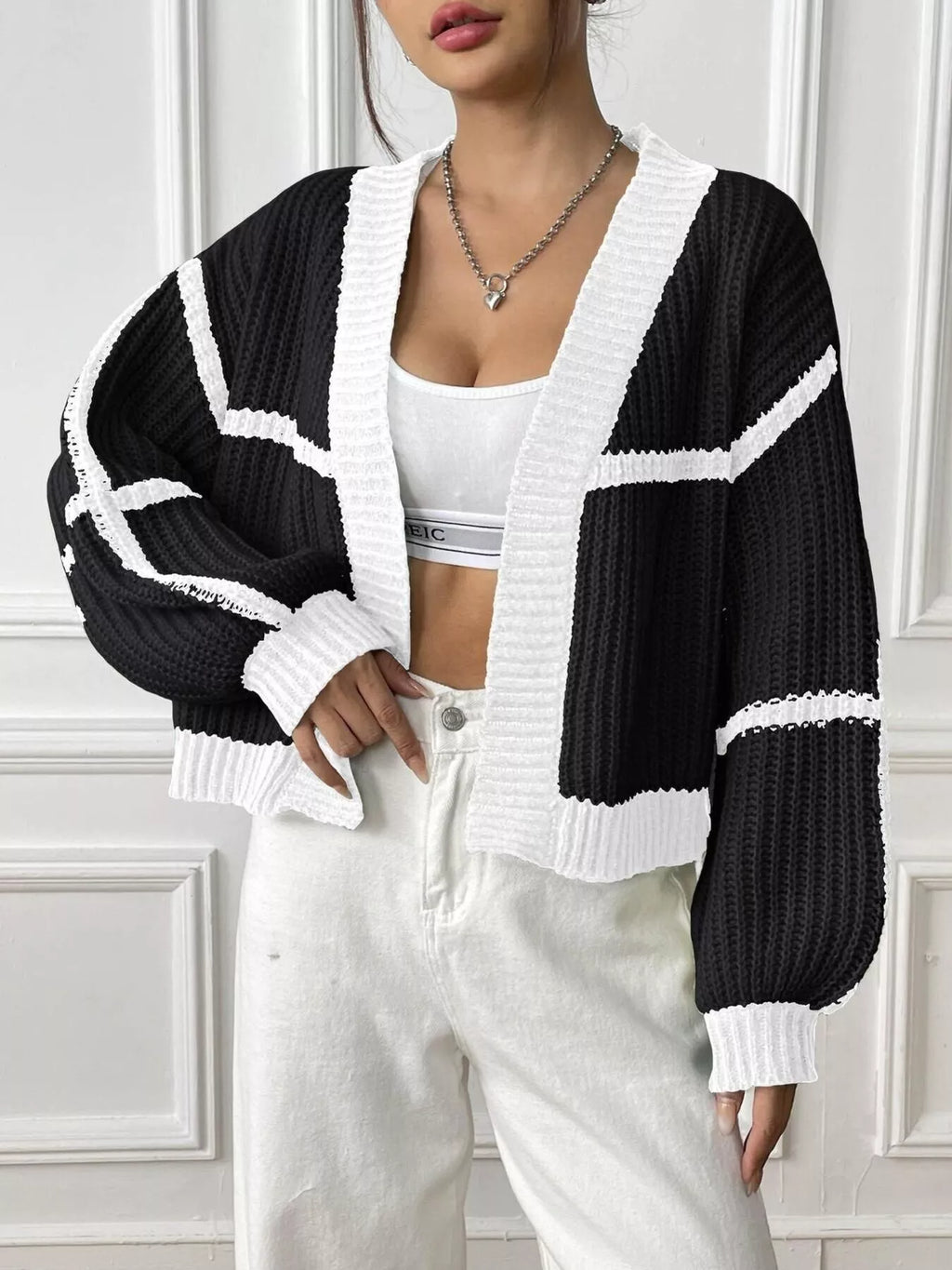 Color-Block Ribbed Knit Open-Front Cropped Cardigan