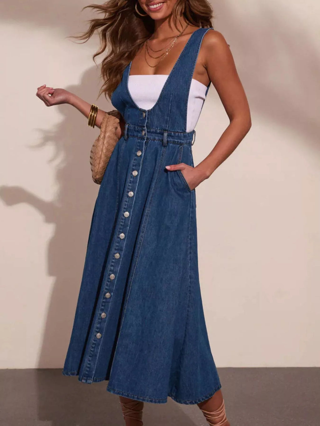 Button Front Denim Overall Midi Dress
