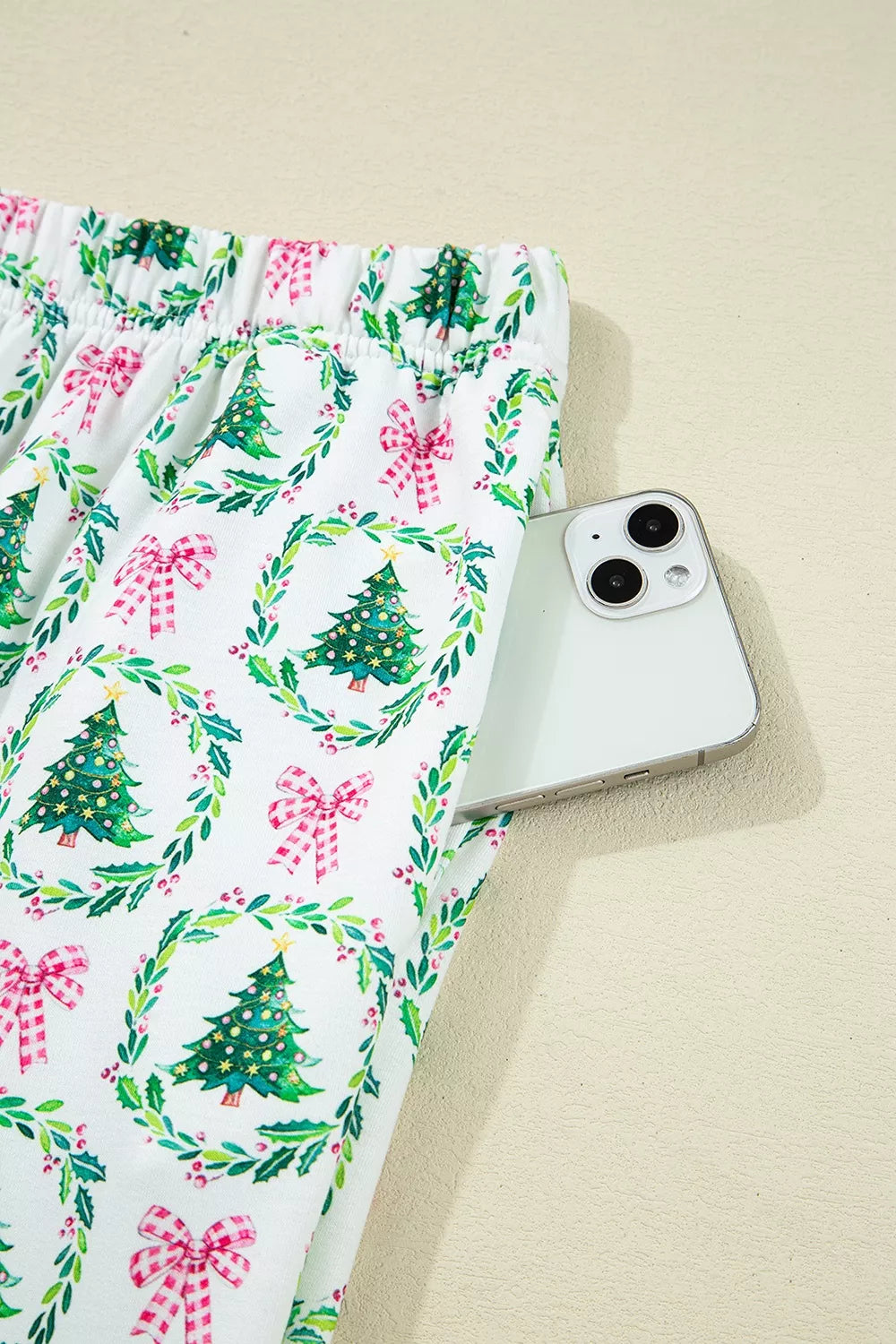 Christmas Tree Print Contrast Striped Banding 2pcs Lounge Set