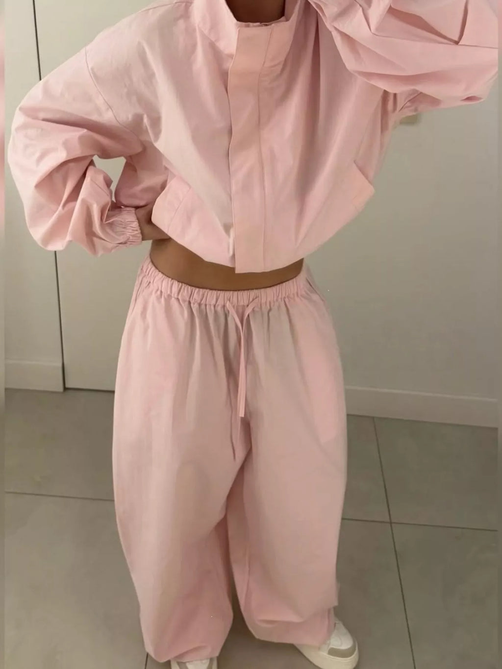 Drawstring Hem Crop Jacket and Wide-Leg Pant Set