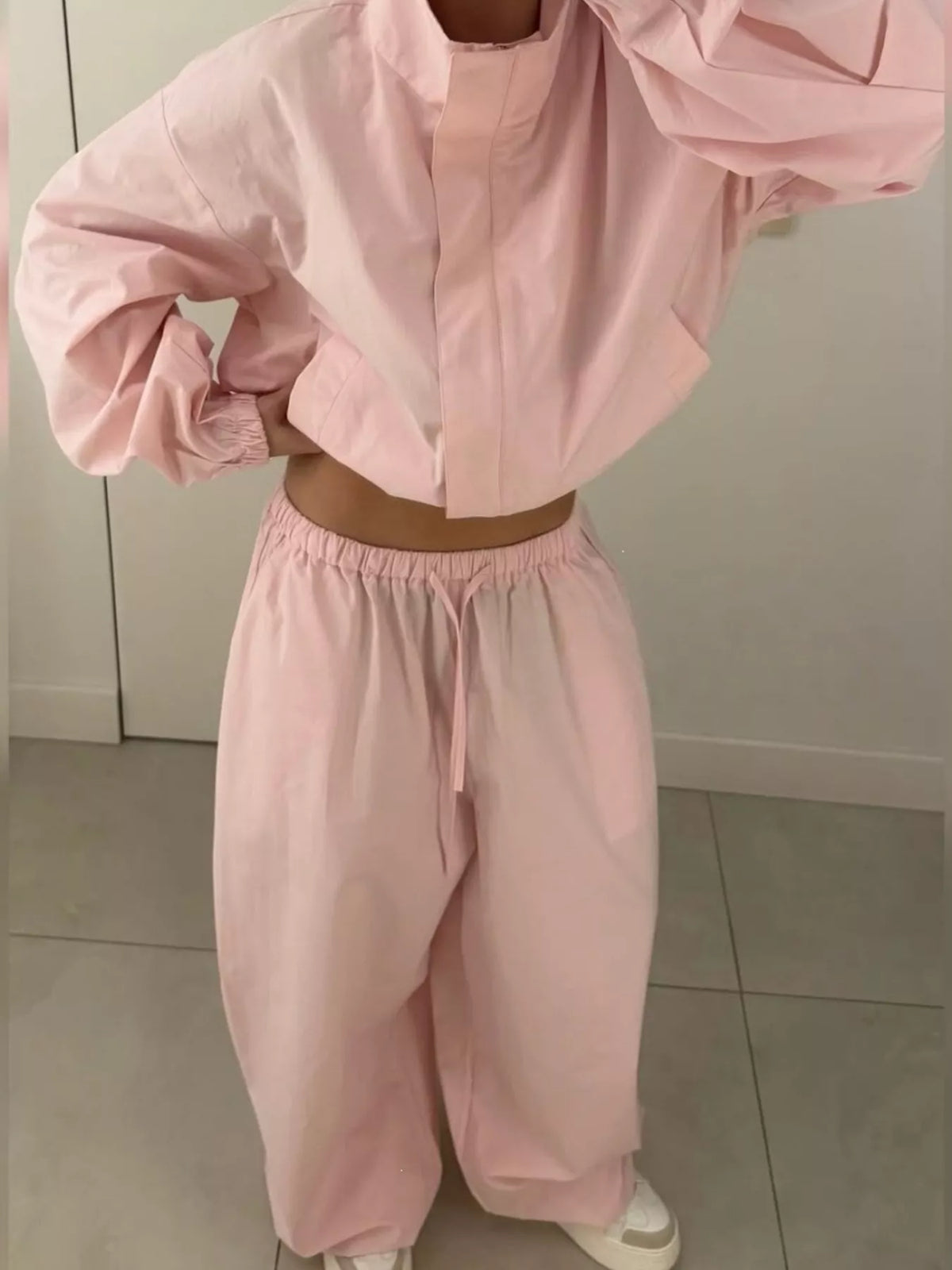 Drawstring Hem Crop Jacket and Wide-Leg Pant Set