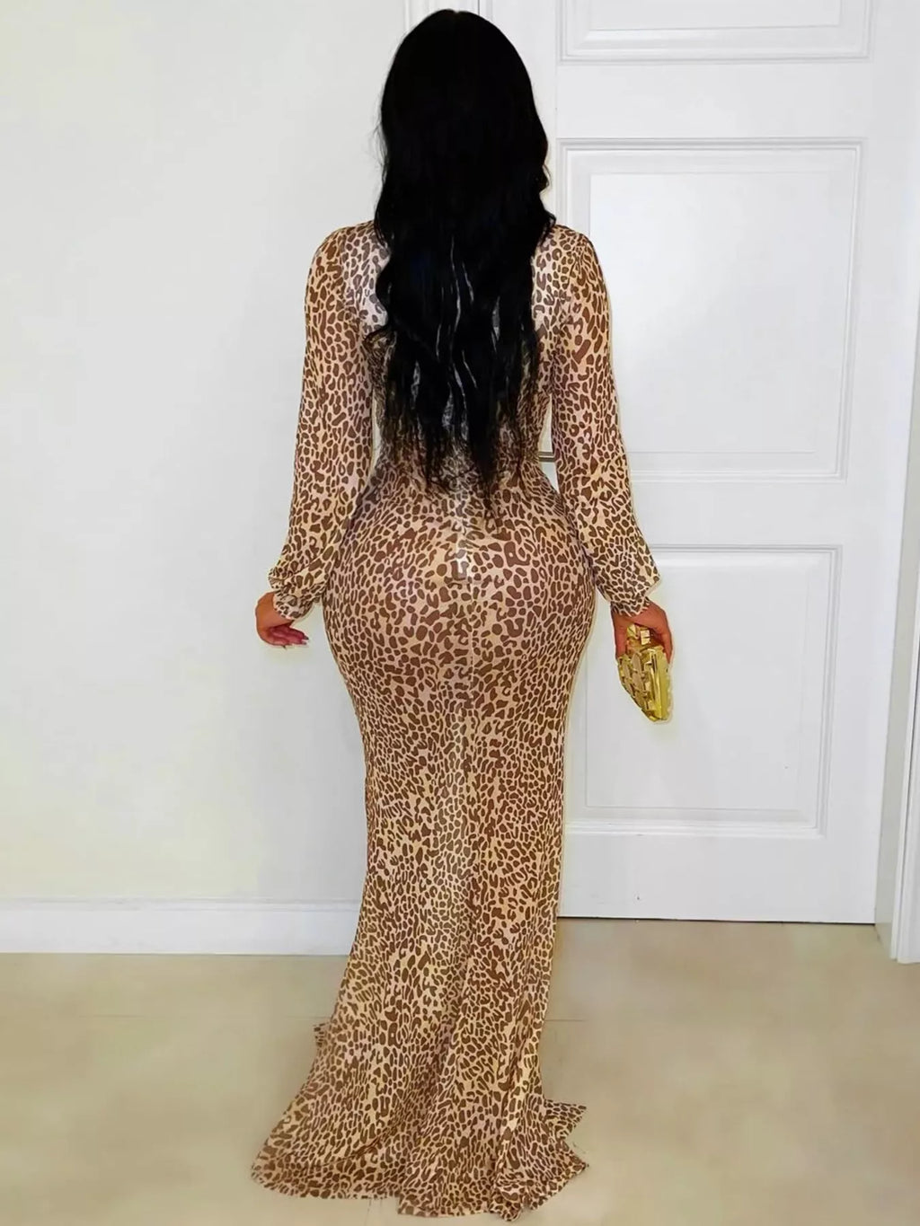 Leopard Print Deep V-Neck Long Sleeve High Slit Maxi Dress