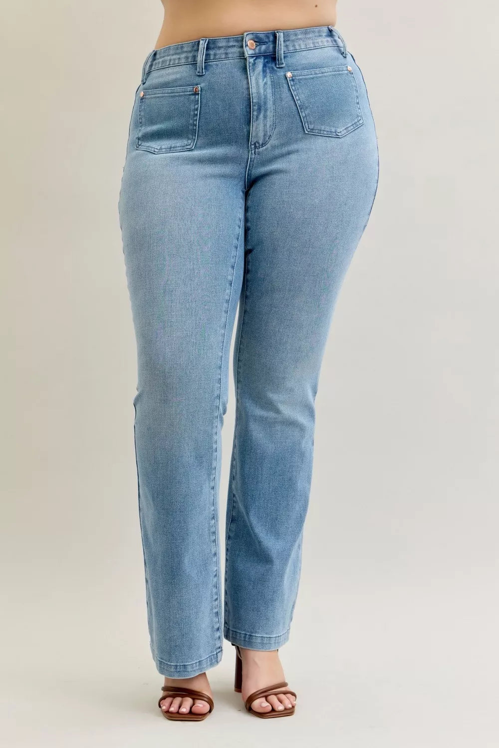 Judy Blue Full Size Mid Rise Bootcut Jeans with Contrast Wash & Front Patch Pockets Plus Size