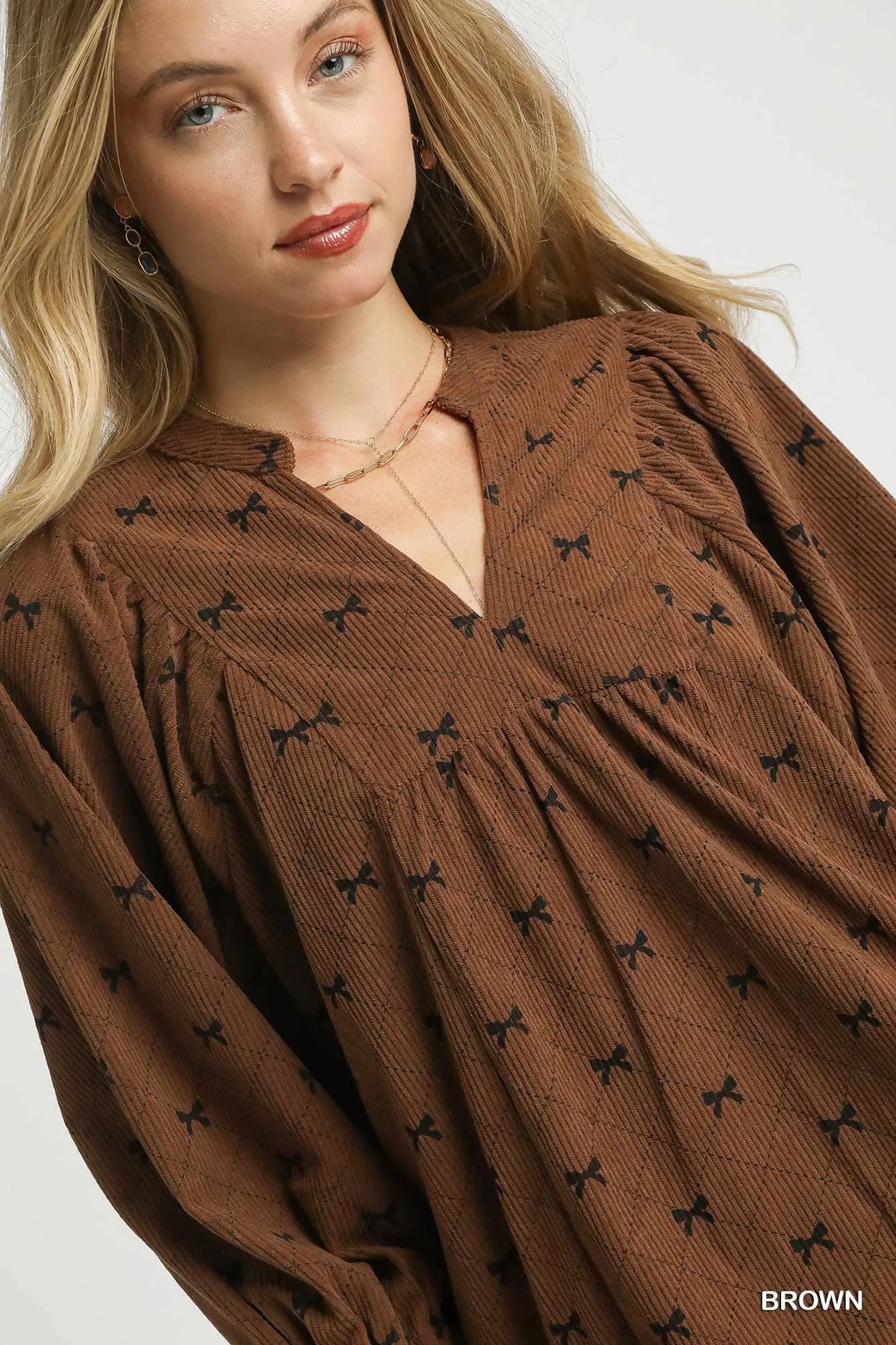Umgee Corduroy Bow Print Balloon Sleeve Blouse