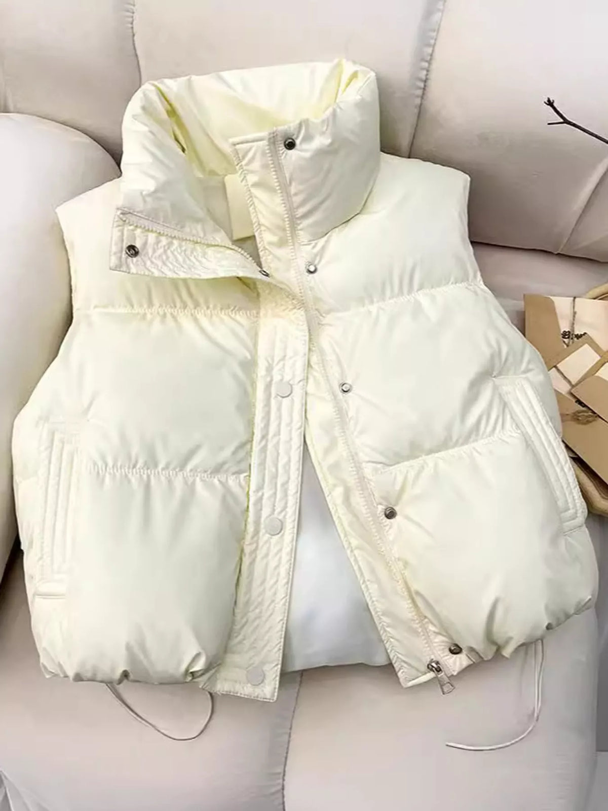 Drawstring Snap Down Puffer Vest Coat
