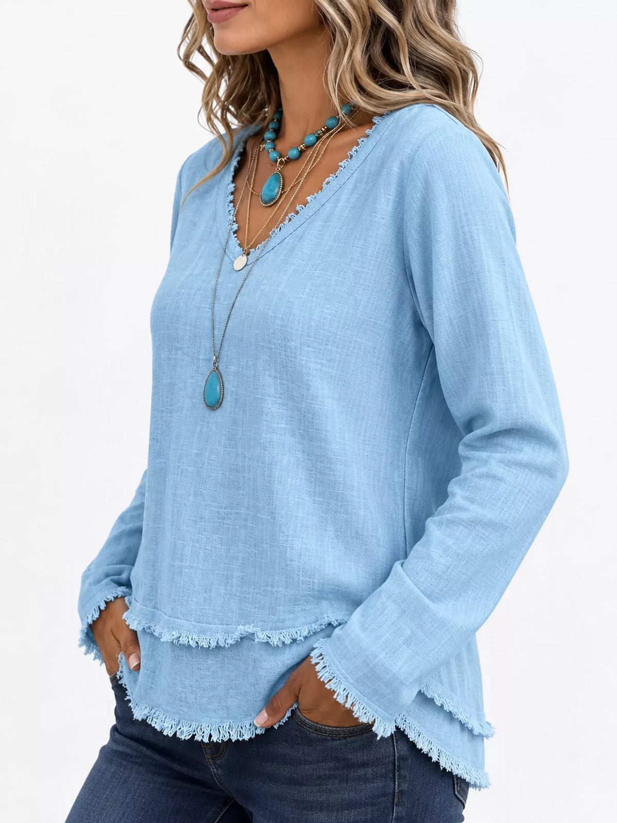 Full Size Frayed Hem V-Neck Long Sleeve Blouse Plus Size