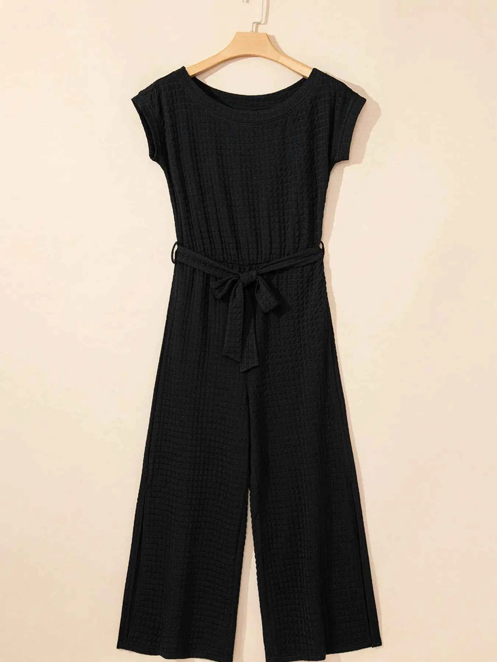One-Shoulder Short Sleeve Knotted Waist Jumpsuit