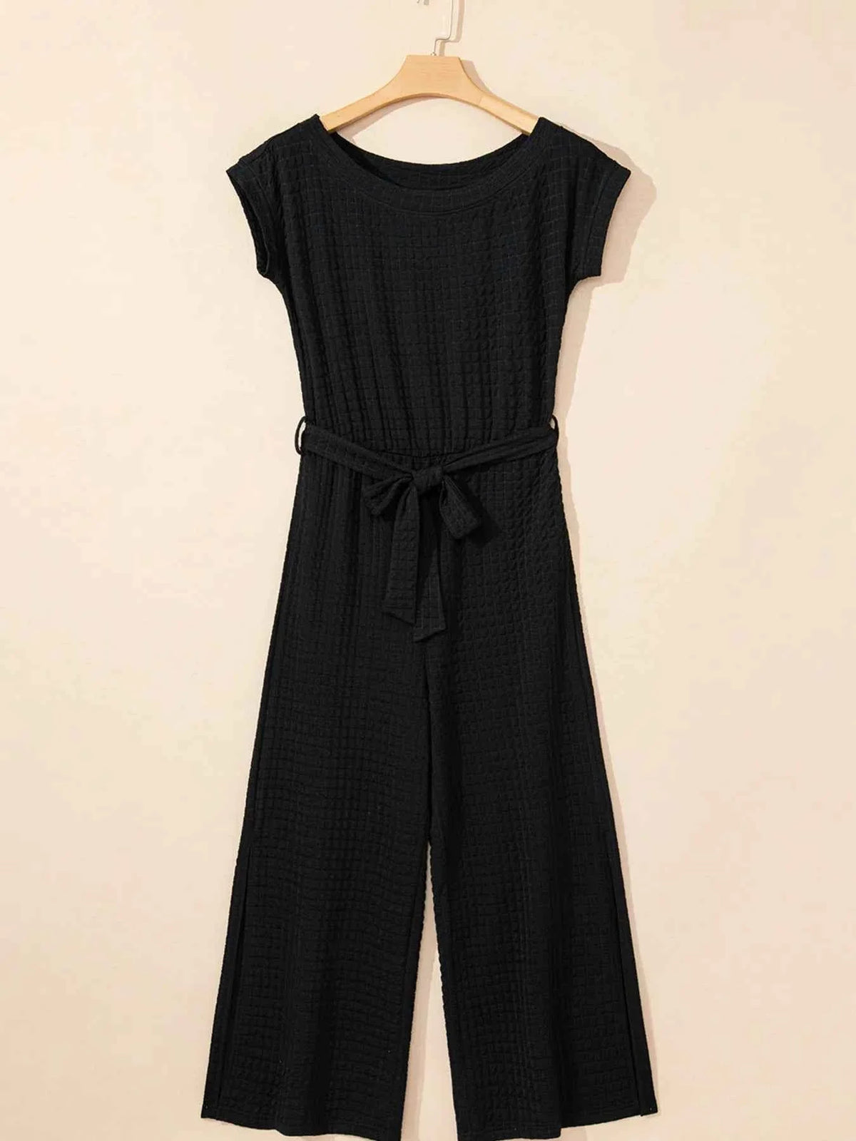 One-Shoulder Short Sleeve Knotted Waist Jumpsuit