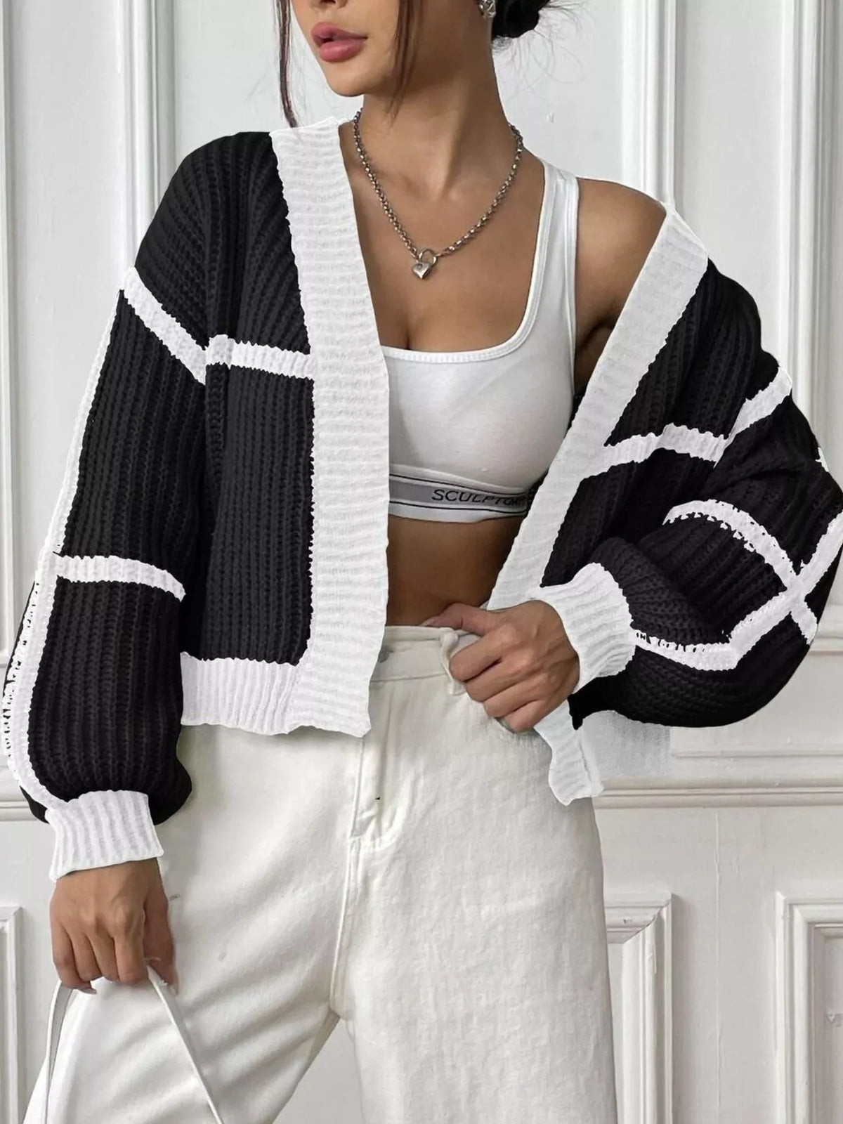 Color-Block Ribbed Knit Open-Front Cropped Cardigan