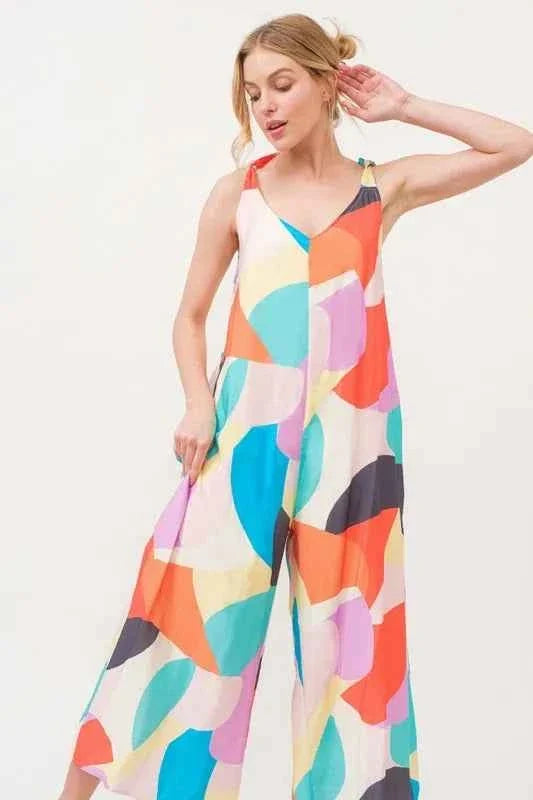 Tied Shoulder Straps Wide Leg Geo Print Jumpsuit