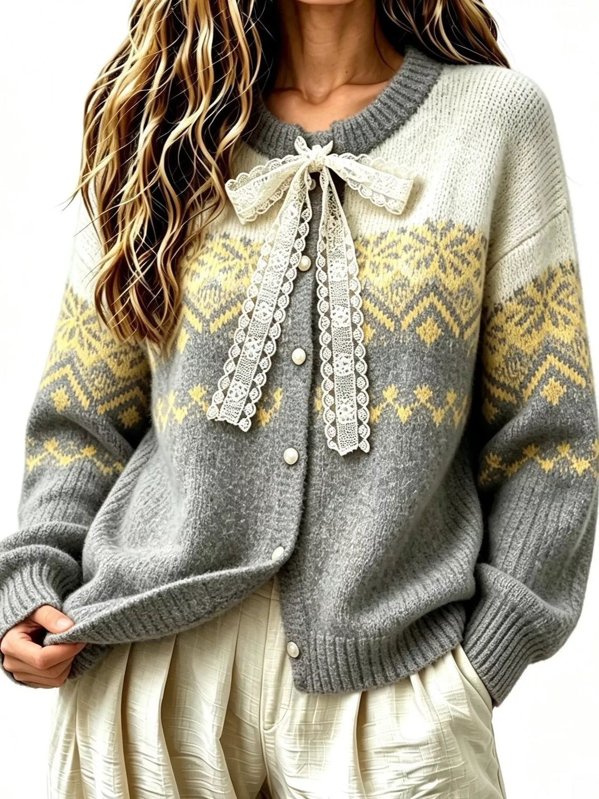 Full Size Lace Tie Button Up Cardigan Plus Size