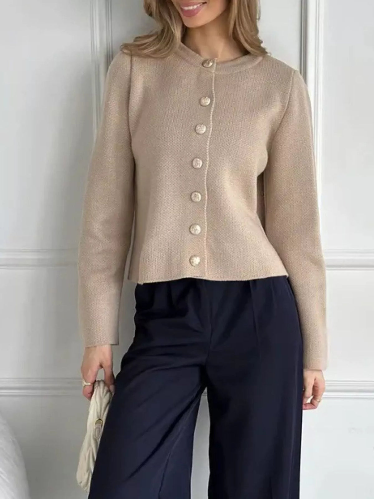 Crew-Neck Button Down Cardigan