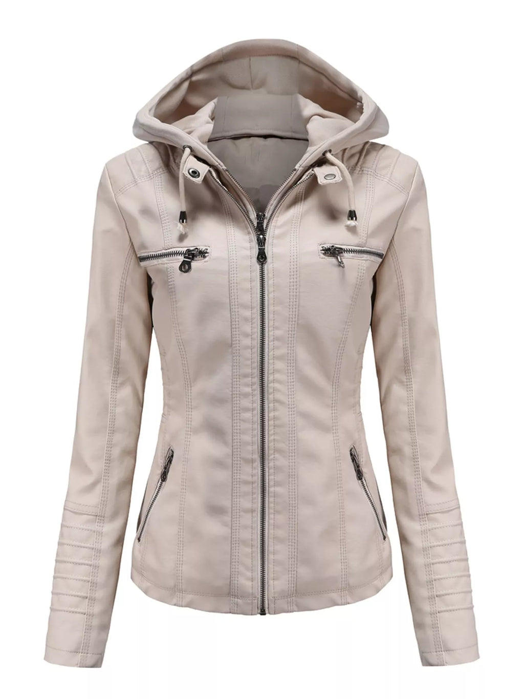 Full Size Detachable Hooded Faux Leather Moto Jacket Plus Size