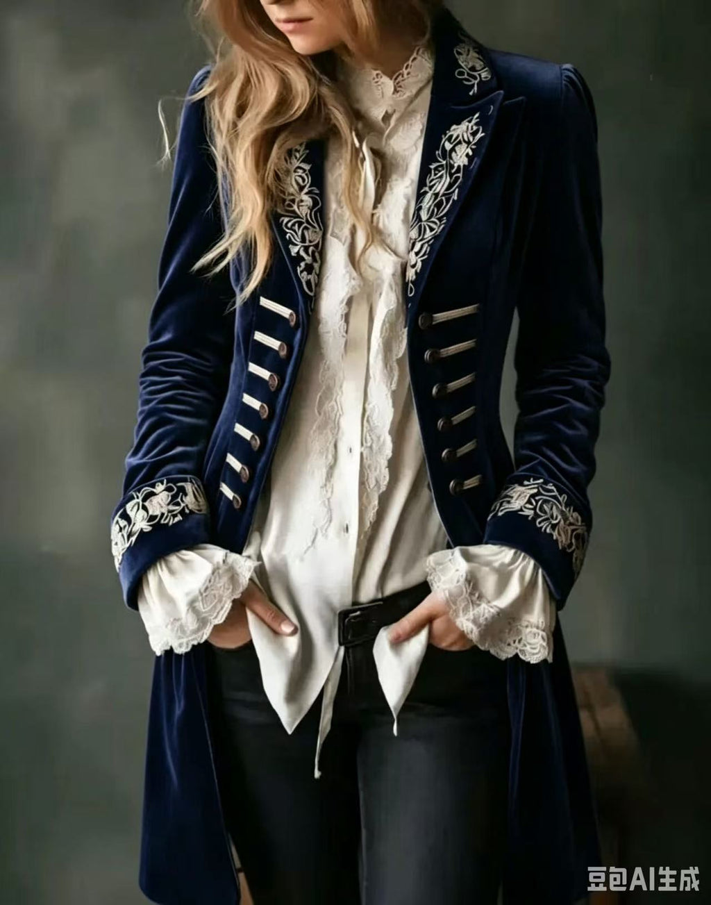 Womens Long-sleeve Solid-color Patchwork Lace Gold-velvet Coat