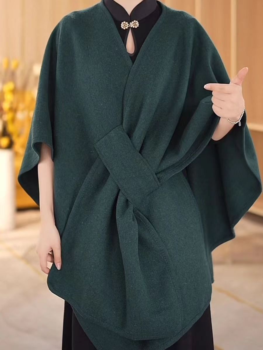 Faux Fur Collar Pom Pom Knitted Cardigan Cape - Women's Warm Winter Shawl Wrap Coat