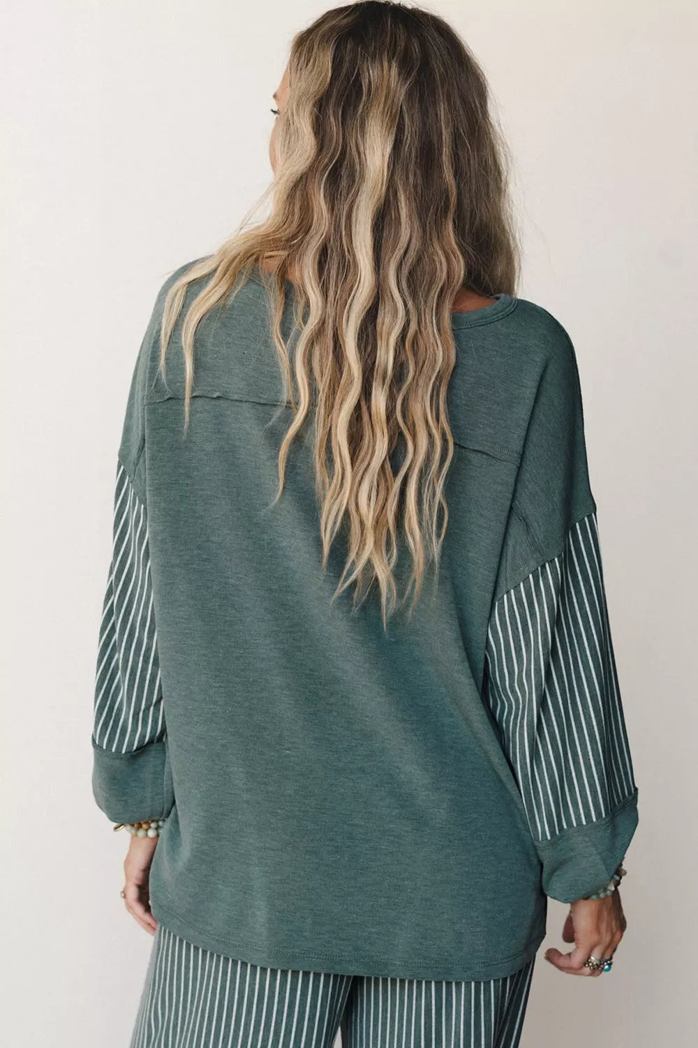 Raw Seam Patchwork Long Sleeve Top Pocket Casual Pants 2pcs Set