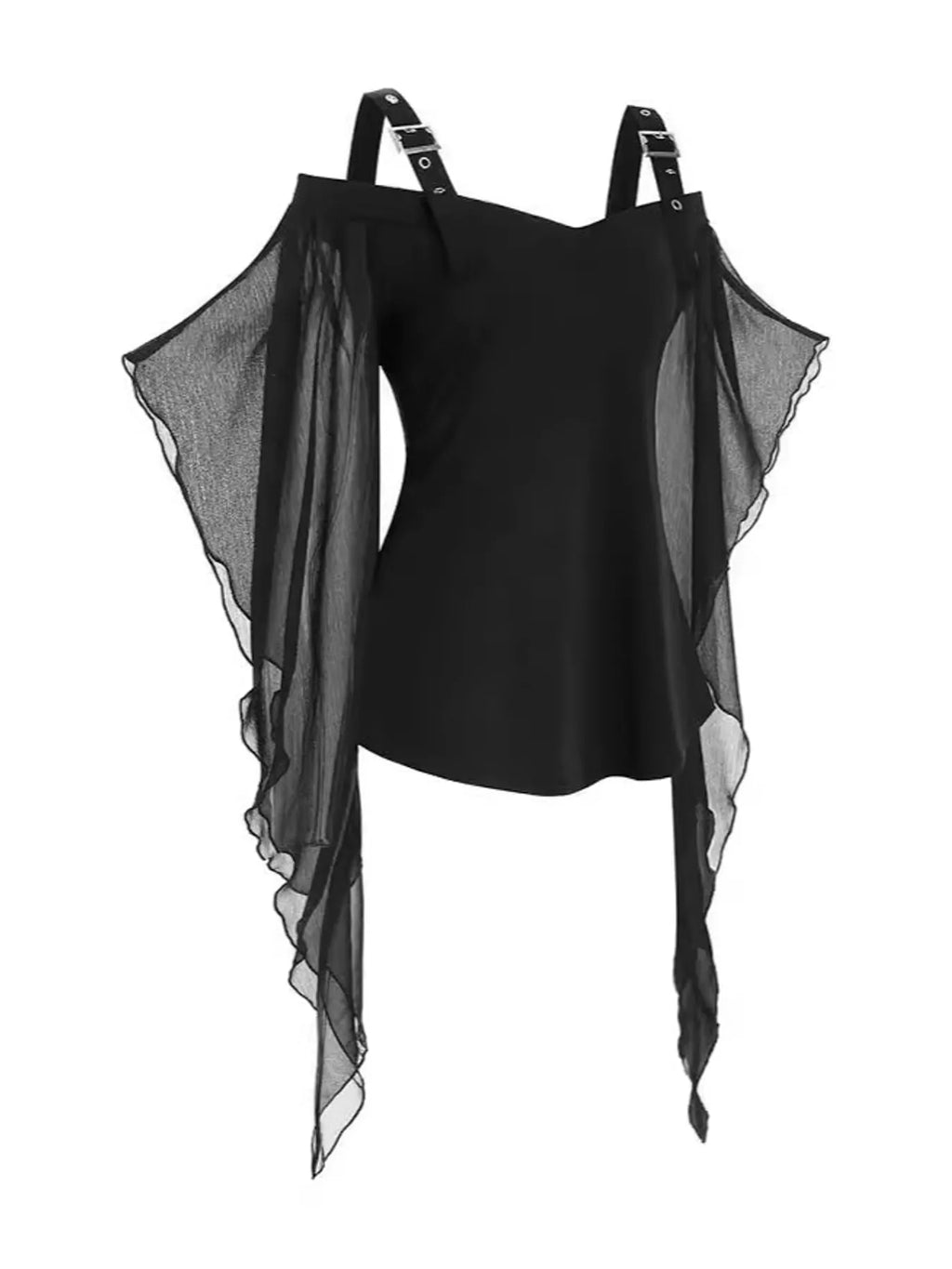 Halloween Gothic Buckle Strap Mesh Sleeve Top