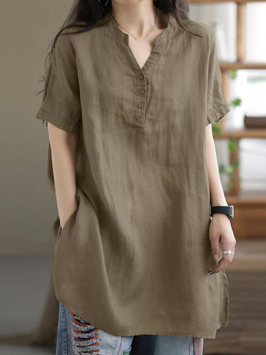 Full Size Notched Short Sleeve Oversize Blouse Plus Size