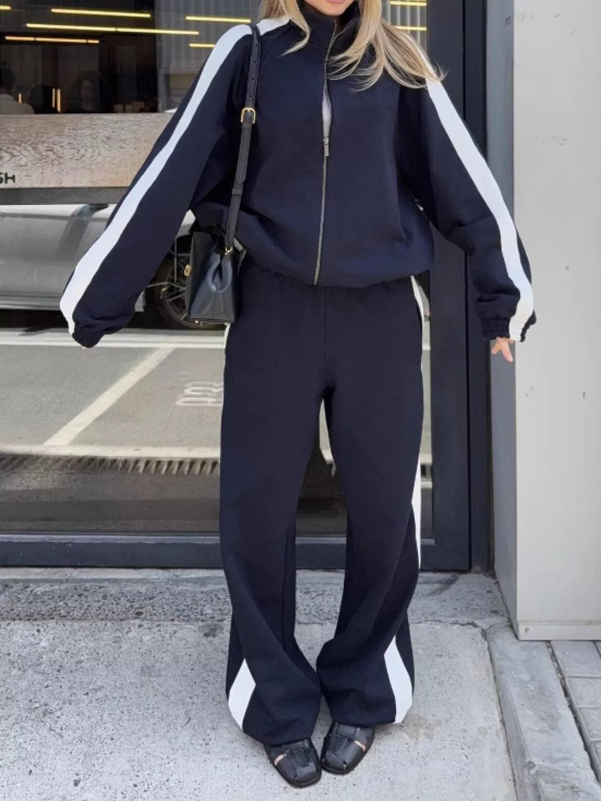 Contrast Side Stripe Zip Up Top and Pants Set