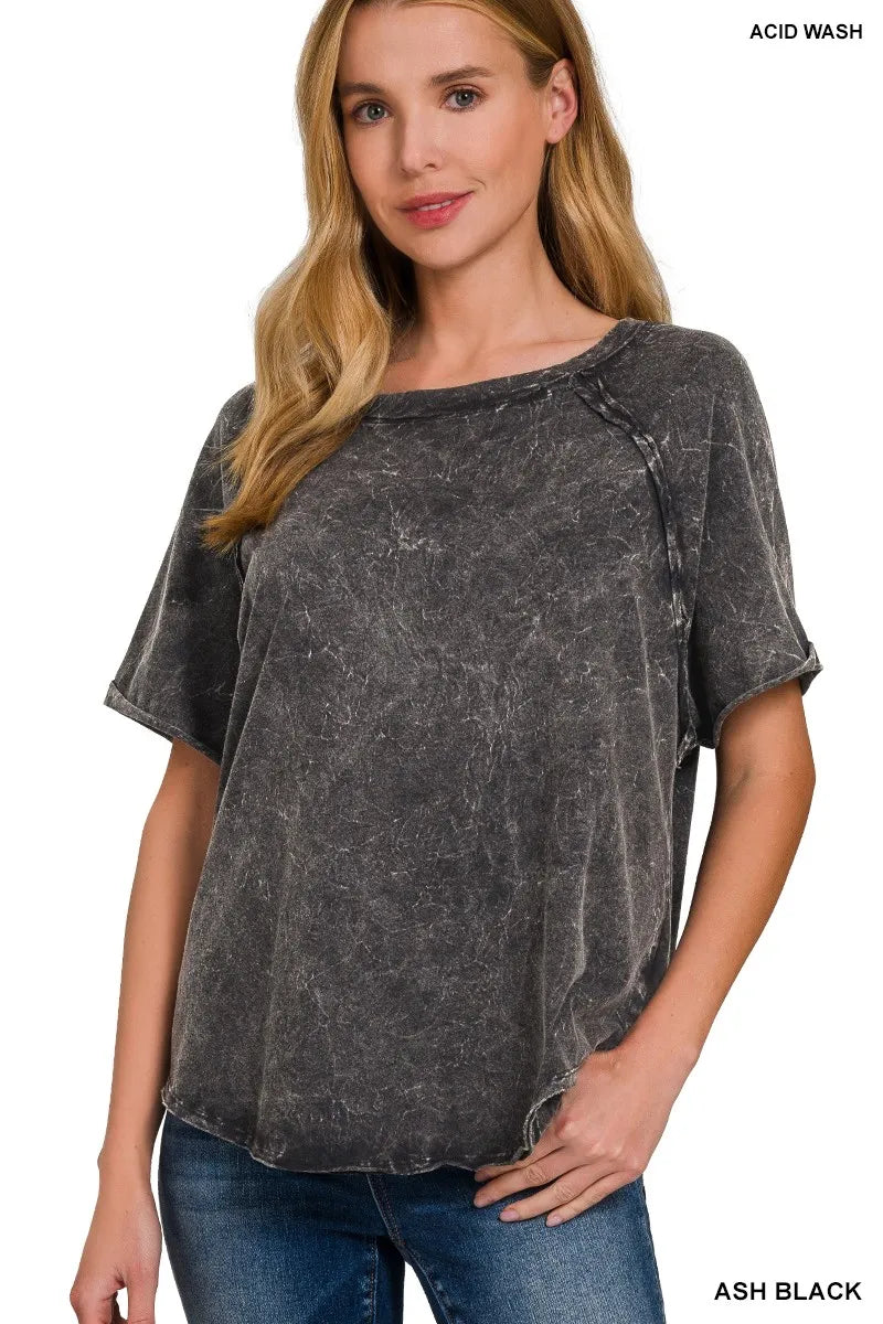 Zenana Back Patch Crinkle Washed Raglan Sleeve T-Shirts