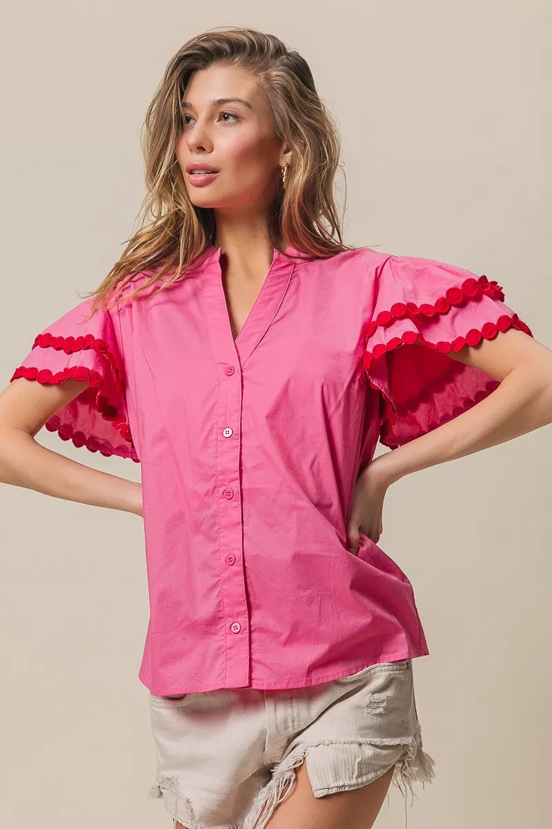 BiBi Dot Trim Flutter Sleeve Notched Top