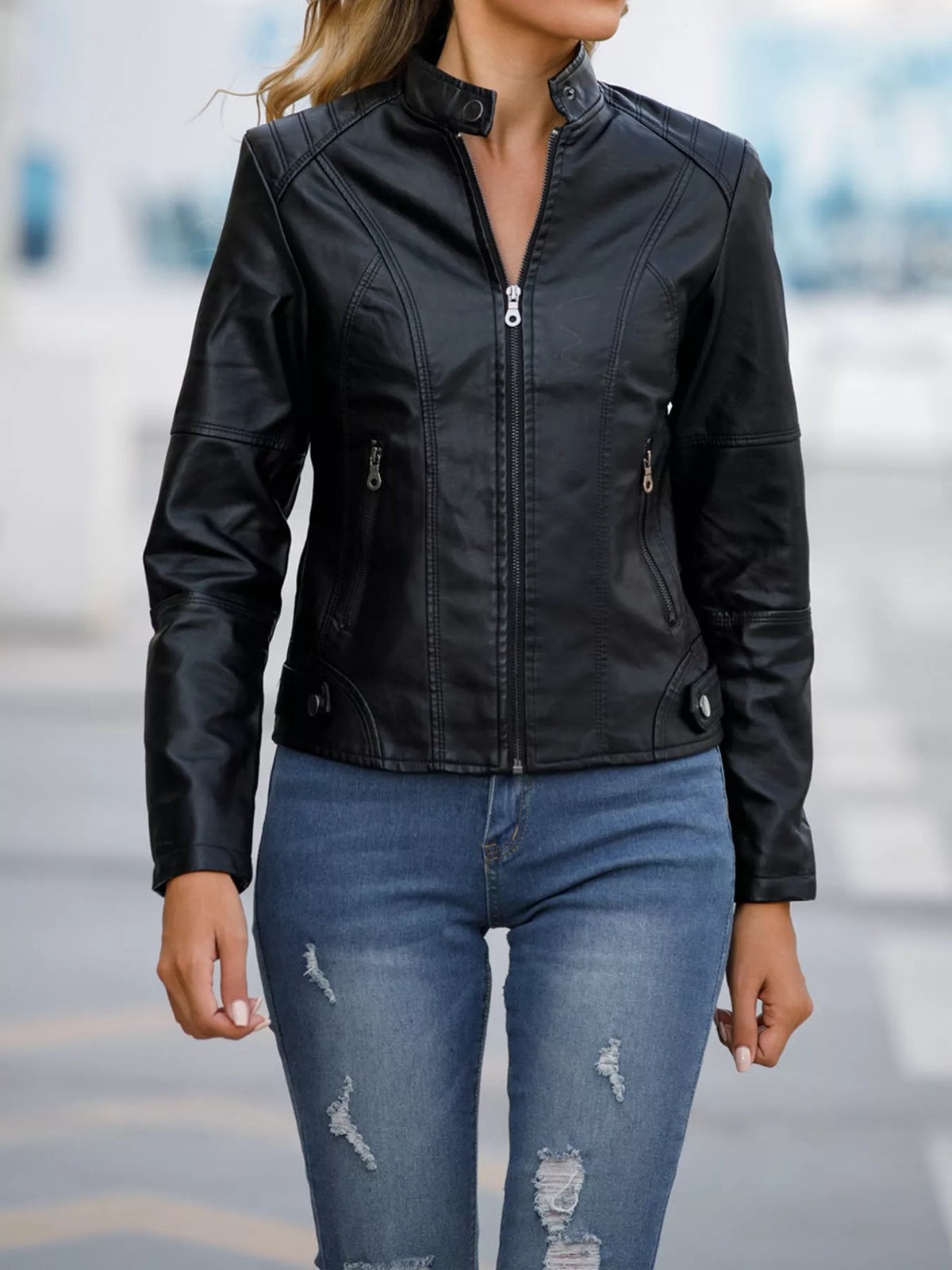 Full Size Slim Fit Faux Leather Moto Jacket Plus Size