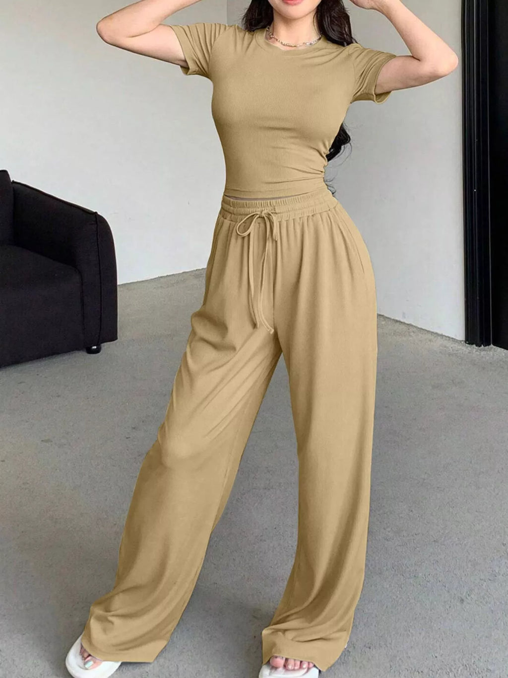 Solid Color Short Sleeve Crop Top and Wide Leg Pants Set