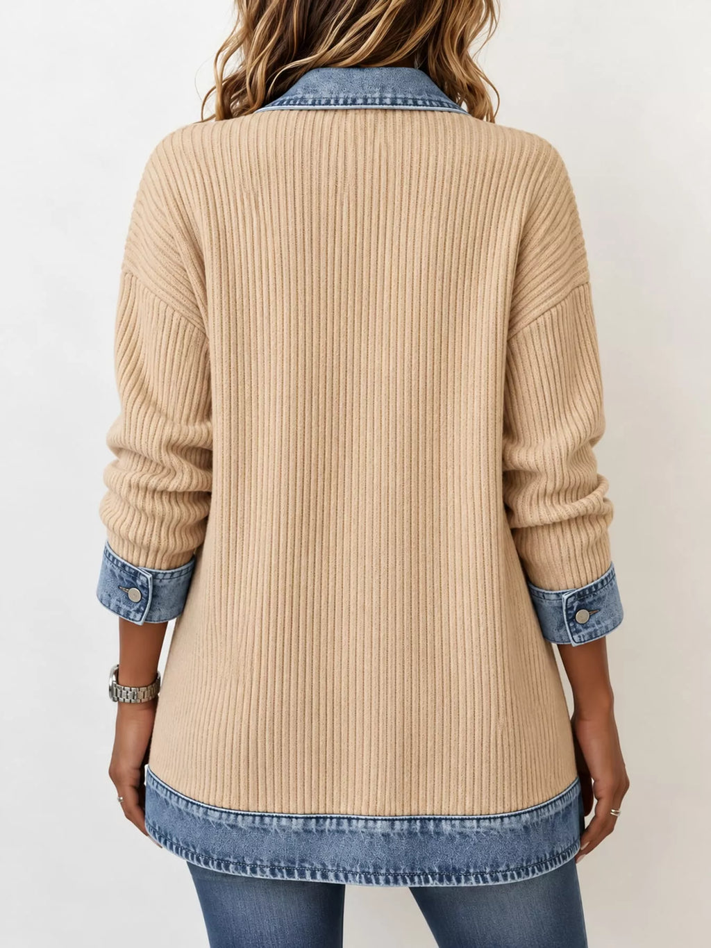 Full Size Denim Trim Ribbed Knit Cardigan Plus Size