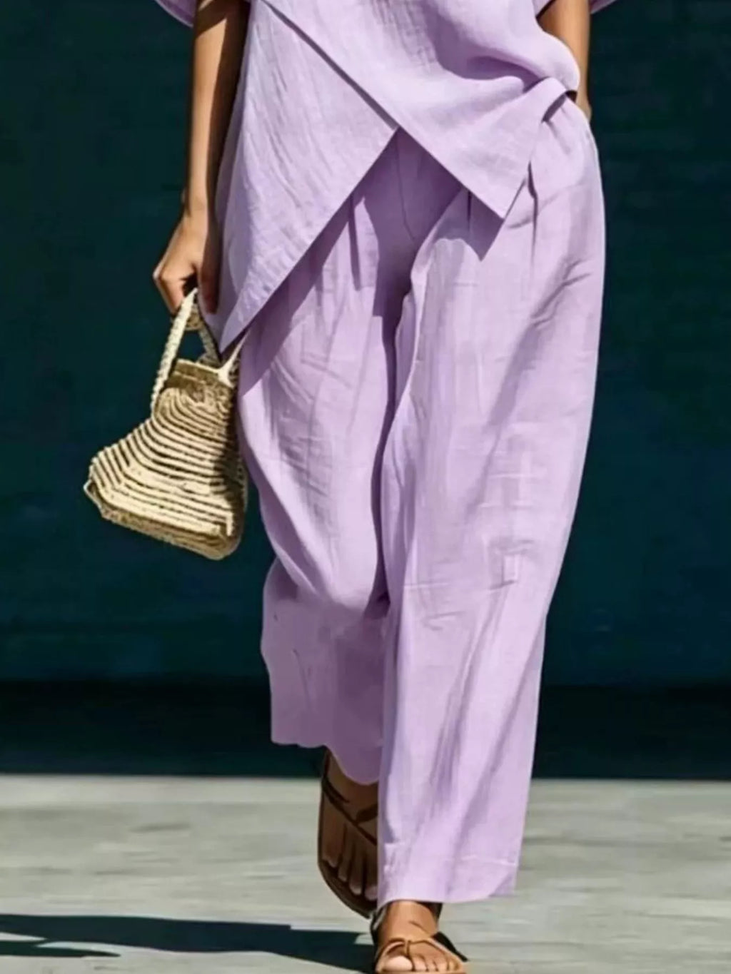 Full Size Asymmetric Top and Wide-Leg Pants Set Plus Size