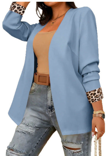 Womens Leopard-Print Patchwork Long-Sleeve Blazer