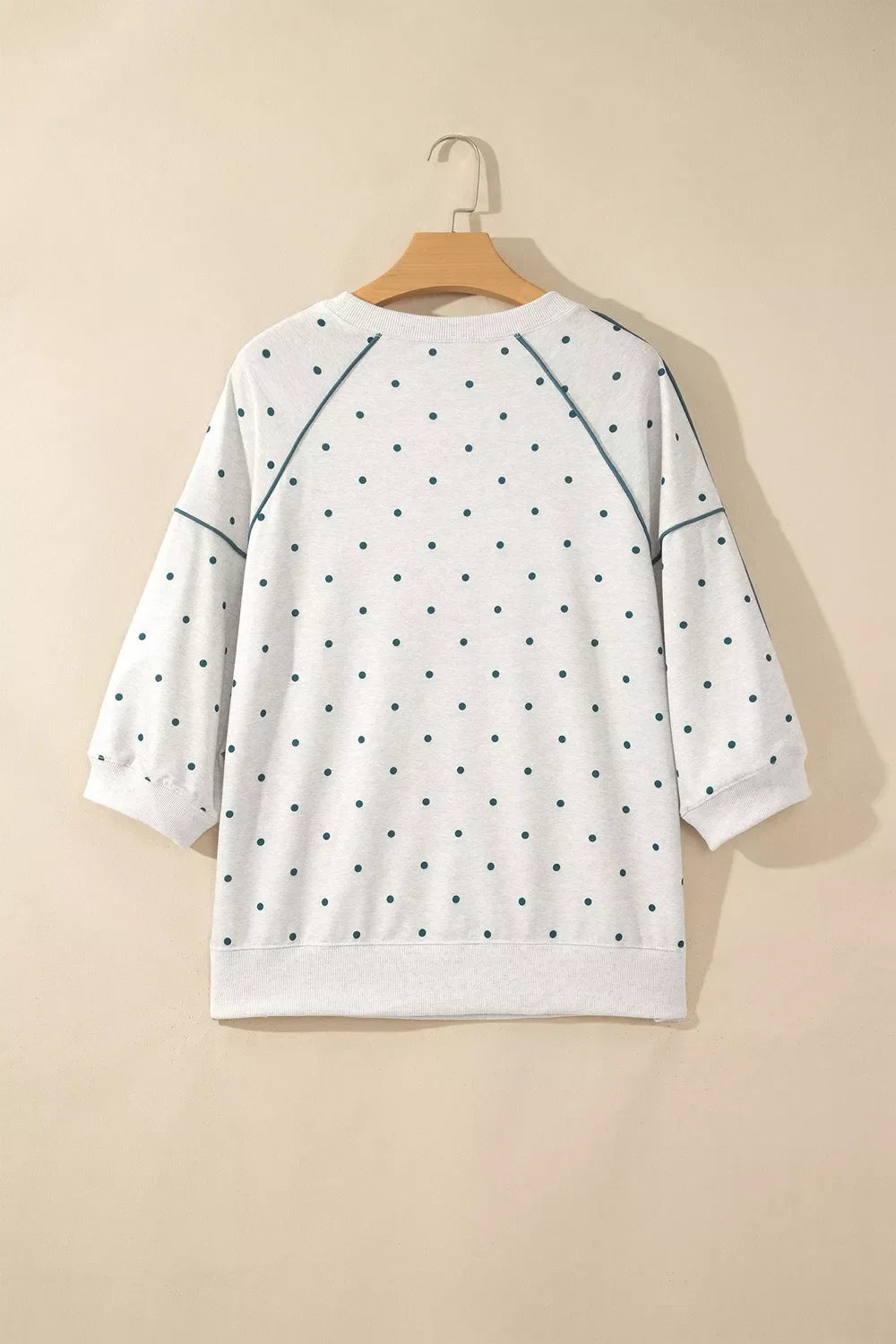 Polka Dot Print Piping Trim 3/4 Sleeve Relaxed Top