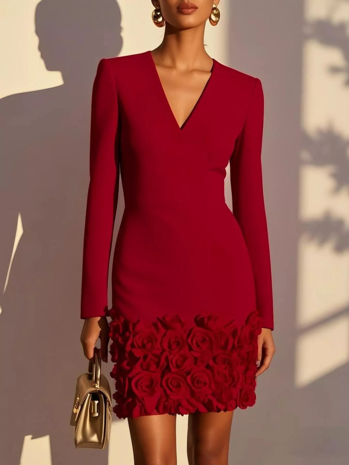 V-Neck Long Sleeve Mini Dress with 3D Rose Floral Hem