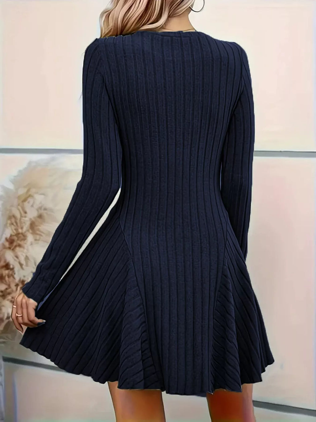 V-Neck Ribbed Knit A-Line Dress