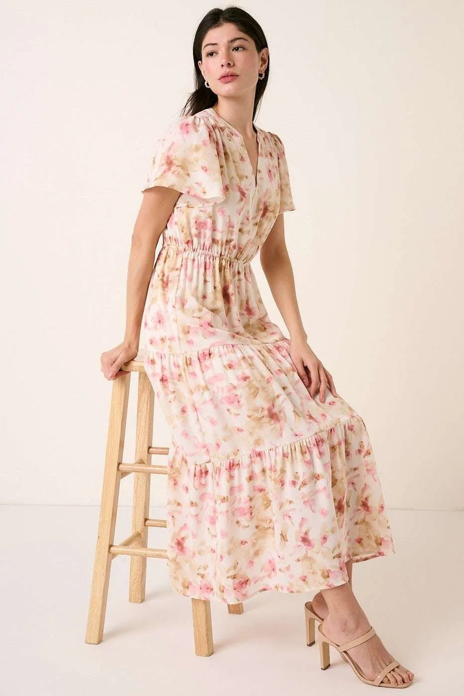 Mittoshop Flower Print Flutter Sleeve V Slit Maxi Dress