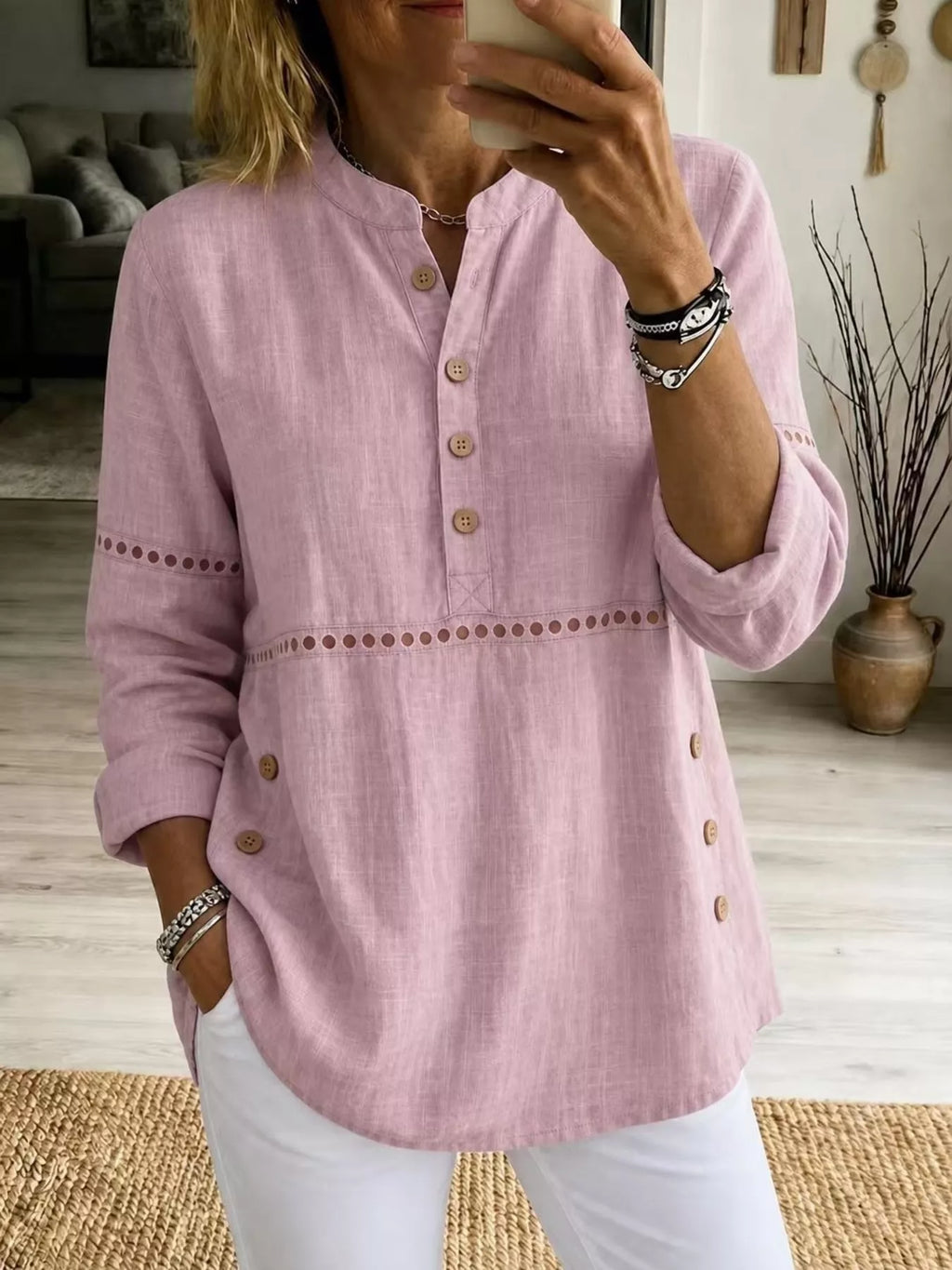 Full Size Button Detail Eyelet Long Sleeve Blouse Plus Size