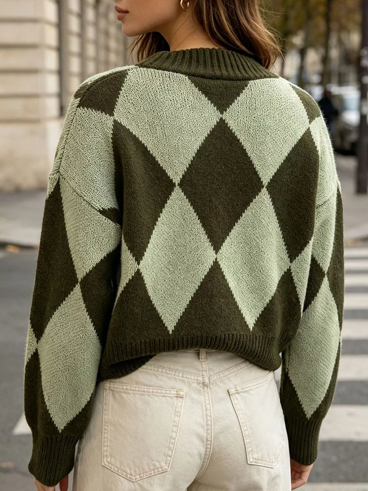 Argyle Pattern V-Neck Button-Down Cardigan